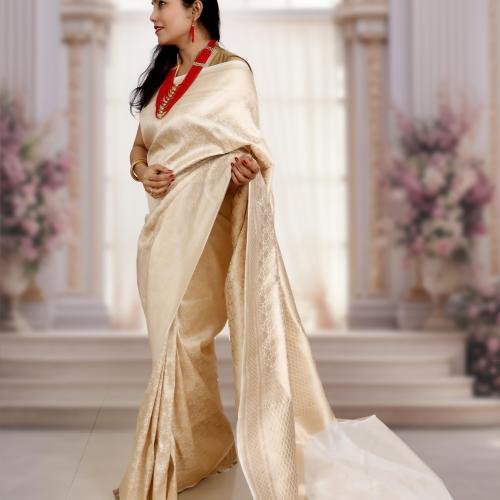 Pure Katan Silk Banarasi Brocade Handloom Saree – White & Gold