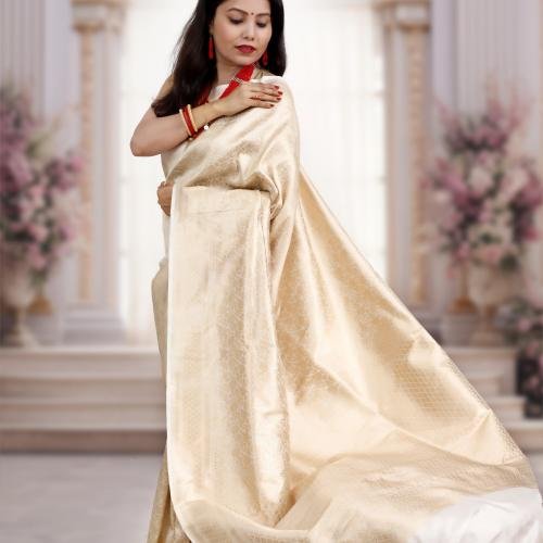Pure Katan Silk Banarasi Brocade Handloom Saree – White & Gold