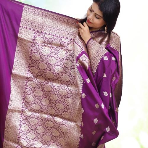 Deep Purple Katan Mulberry Silk Saree with Gold & Silver Kadwa Weaving