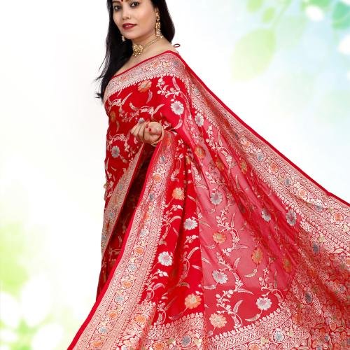 Red Pure Khaddi Meenakari Jaal Banarasi Saree