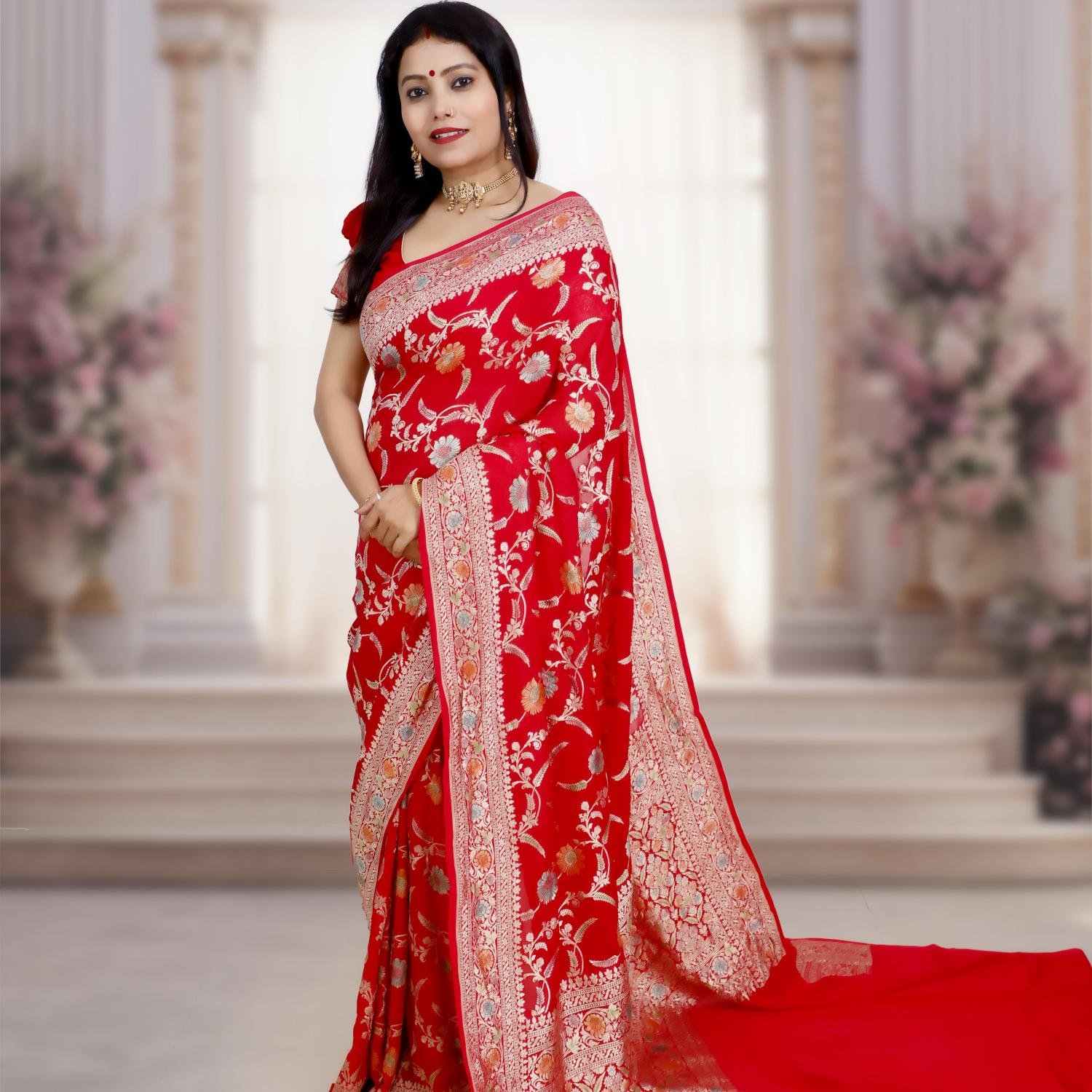 Red Pure Khaddi Meenakari Jaal Banarasi Saree