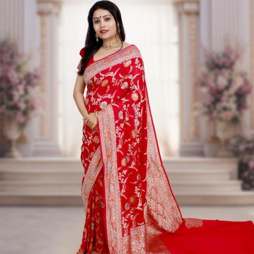 Red Pure Khaddi Meenakari Jaal Banarasi Saree