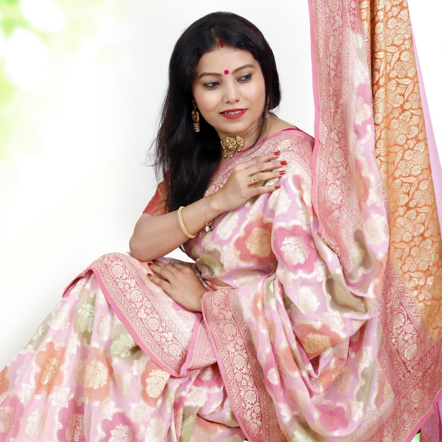 Rangkat Pure Khaddi Georgette Banarasi Handloom Saree – Pink Base