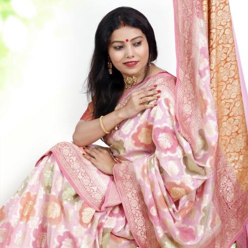 Rangkat Pure Khaddi Georgette Banarasi Handloom Saree – Pink Base