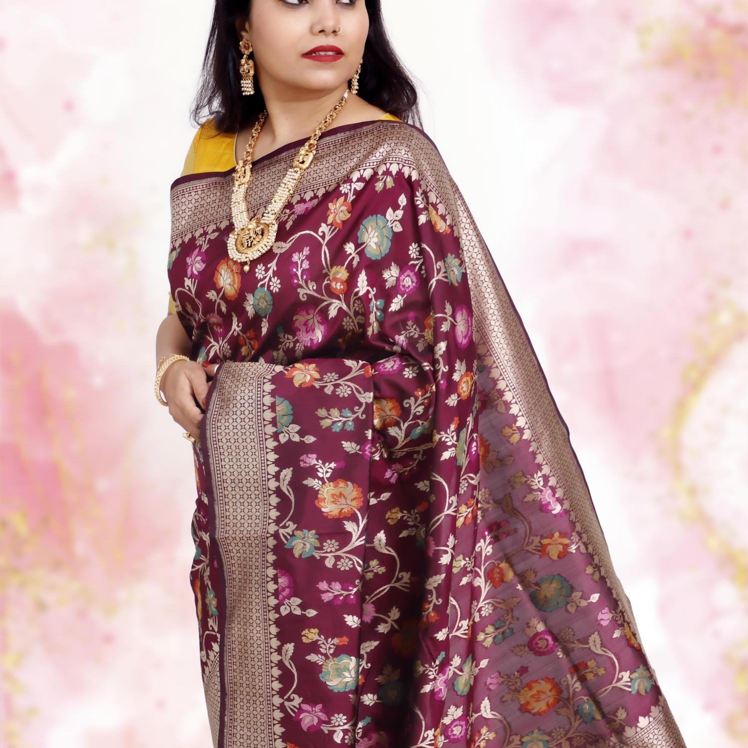 Pure Katan Silk Banarasi Jamdani Saree – Handwoven with Floral Motifs