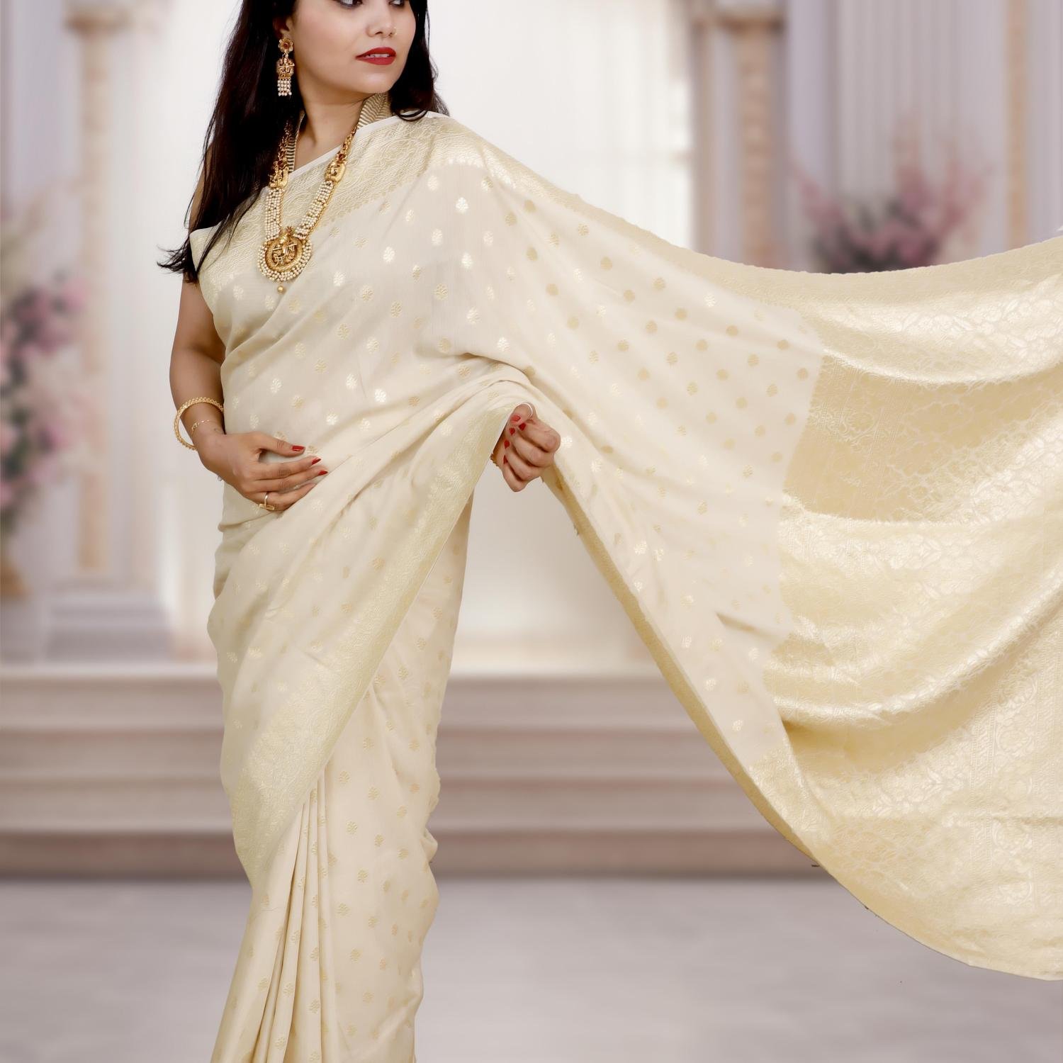 Pure Khaddi Moonga Banarasi Handloom Saree – Ivory (Dyeable)