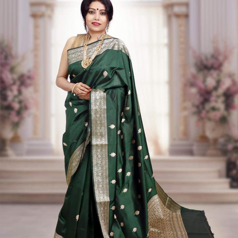 Pure Katan Silk Banarasi Handloom Saree with Kadhua Work – Bottle Green