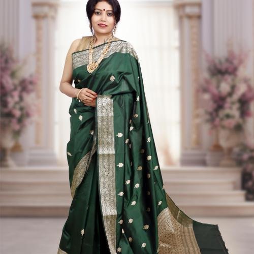 Pure Katan Silk Banarasi Handloom Saree with Kadhua Work – Bottle Green
