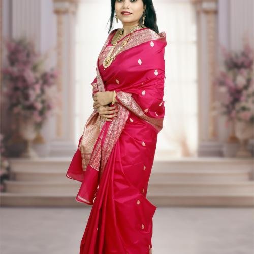Pure Katan Silk Banarasi Handloom Saree with Kadhua Work – Magenta
