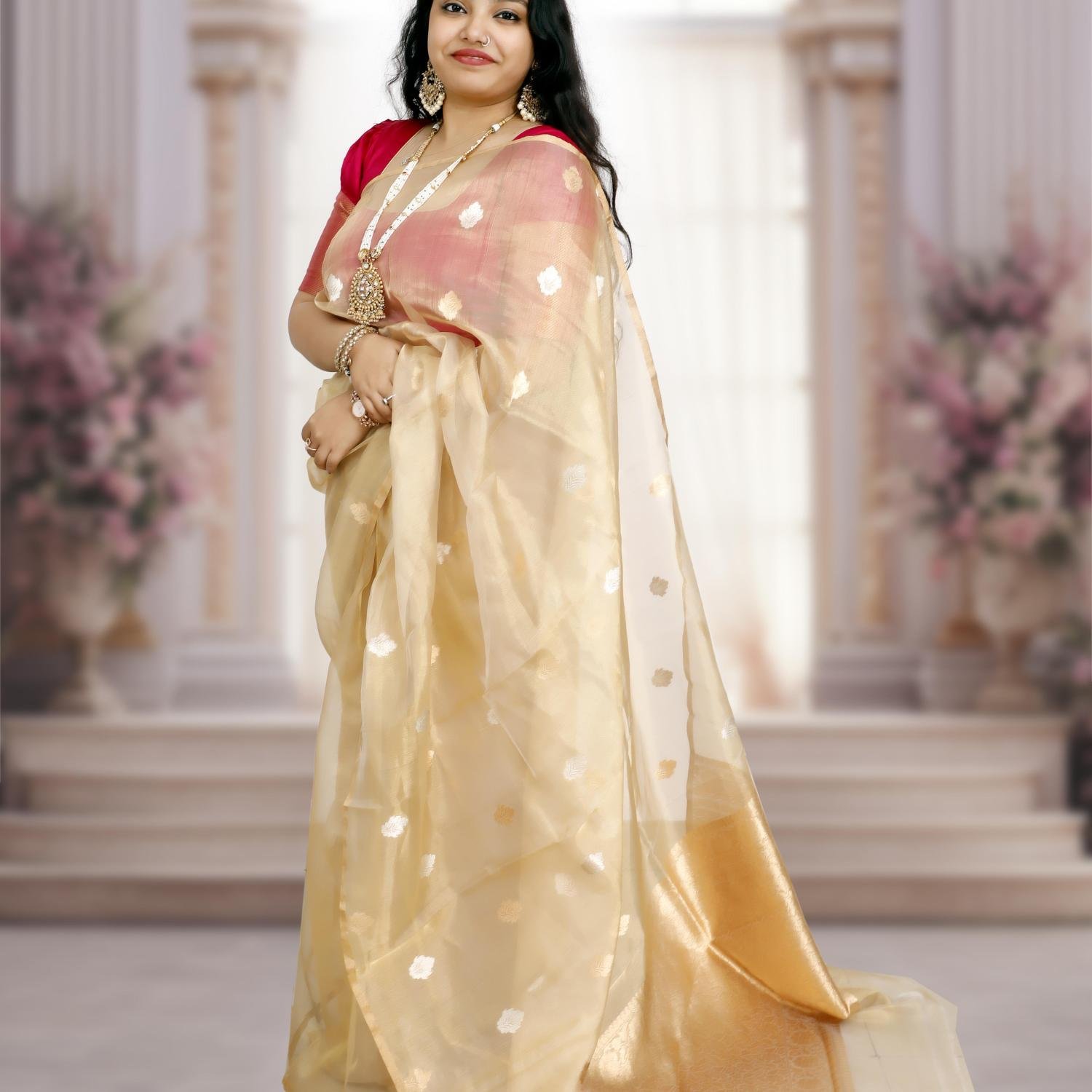 Handwoven Gold Banarasi Kora Tissue Saree with Kadwa Weaving