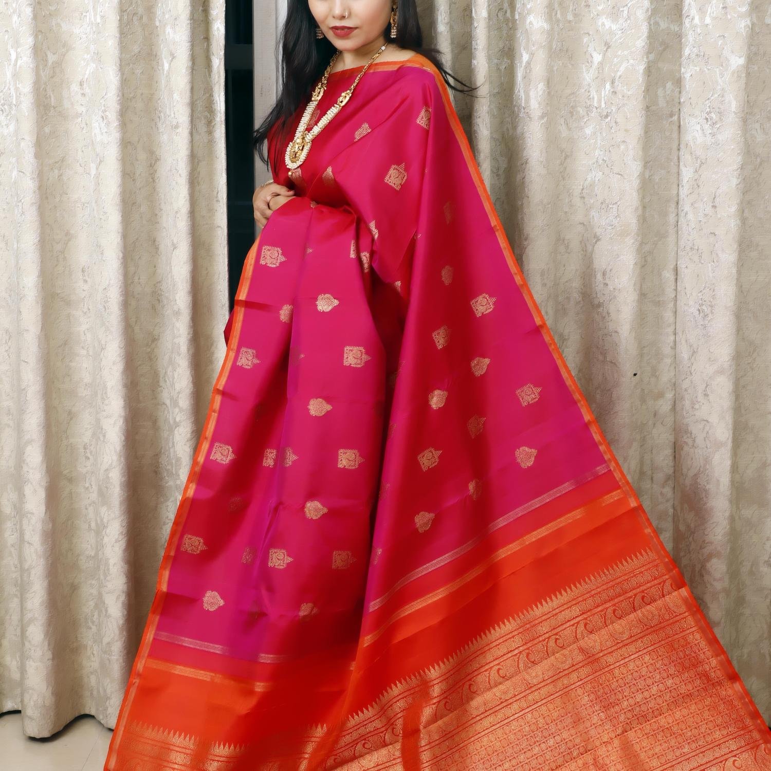 Pure Silk Fushcia Kanchipuram Saree with Real Gold/Silver Zari – Orange Border & Pallu