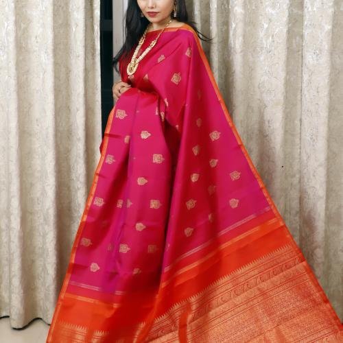 Pure Silk Fushcia Kanchipuram Saree with Real Gold/Silver Zari – Orange Border & Pallu
