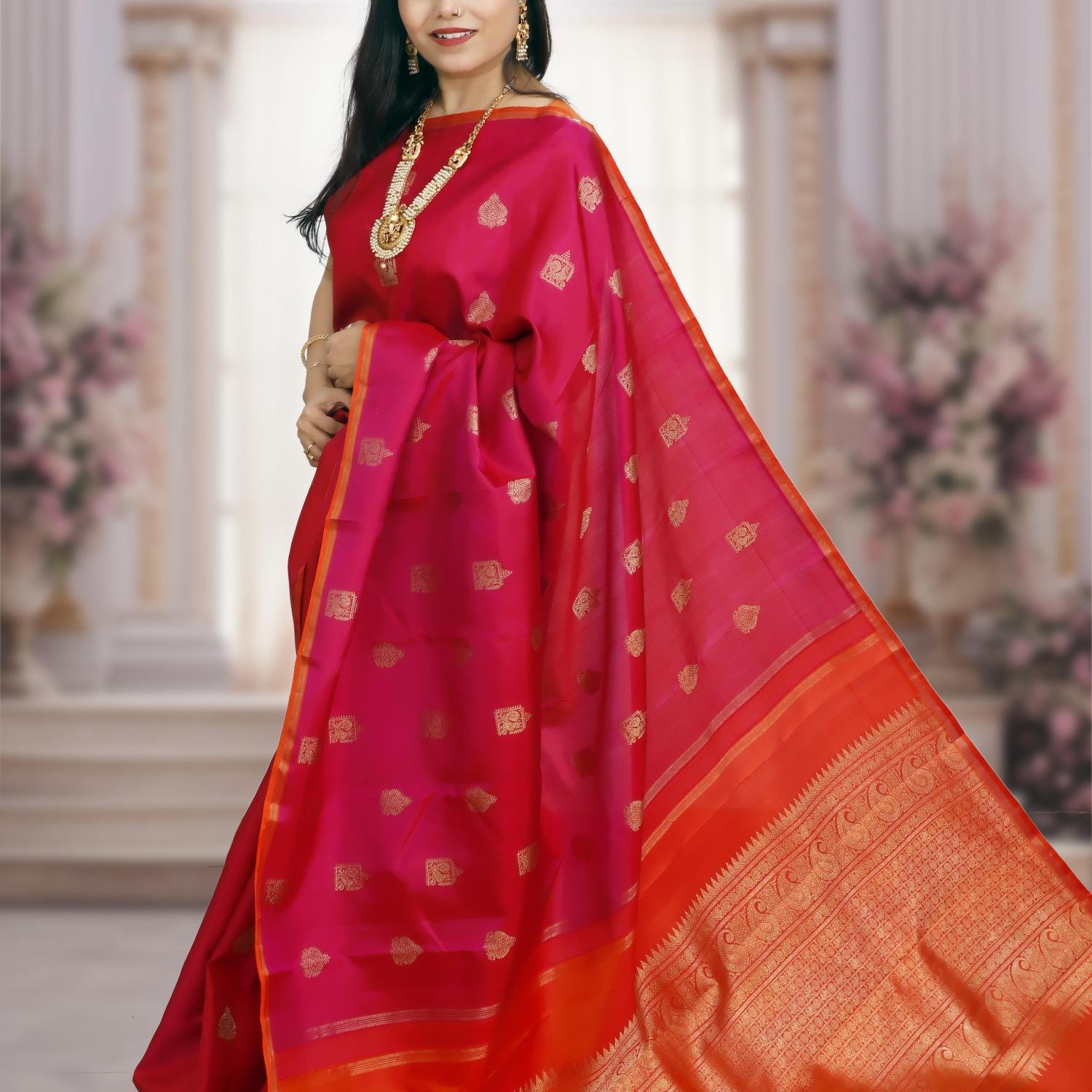 Pure Silk Fushcia Kanchipuram Saree with Real Gold/Silver Zari – Orange Border & Pallu