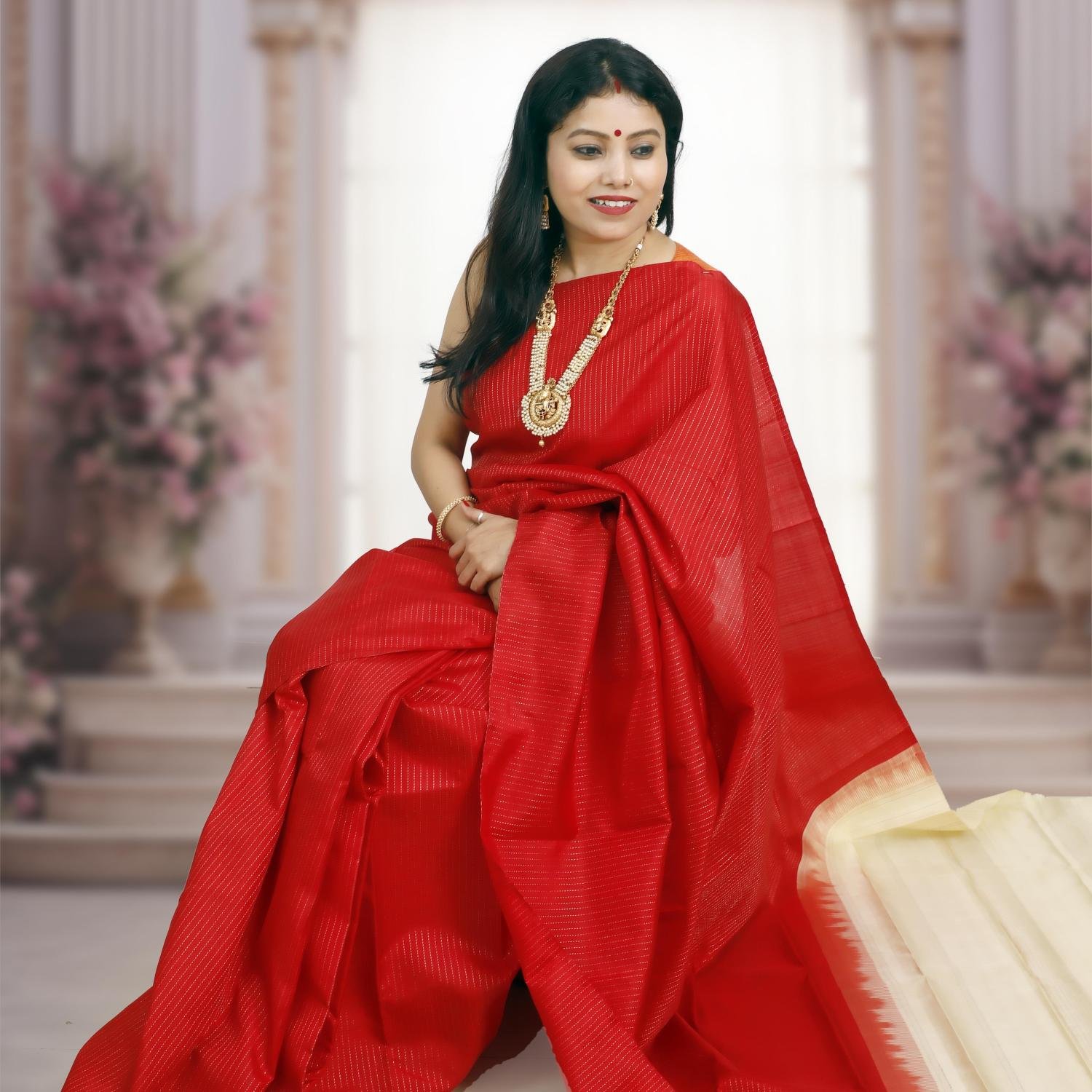 Handwoven Red & Beige Pure Zari Kanchipuram Mulberry Silk Saree Price