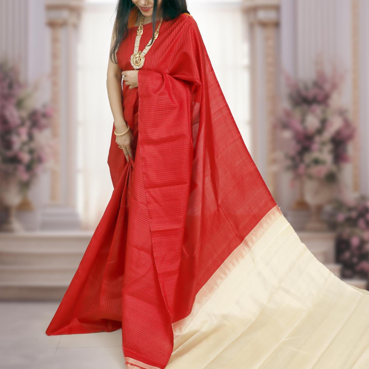 Handwoven Red & Beige Pure Zari Kanchipuram Mulberry Silk Saree Price