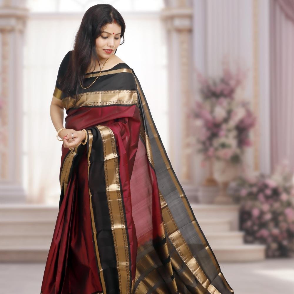Handwoven Maroon & Black Kanchipuram Silk Saree with Gold Zari Border