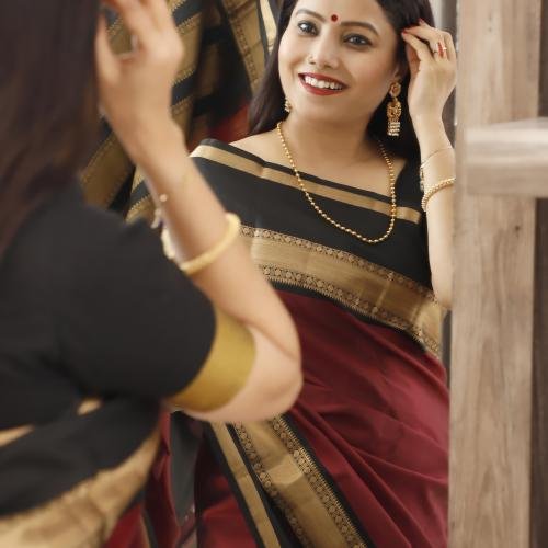 Handwoven Maroon & Black Kanchipuram Silk Saree with Gold Zari Border