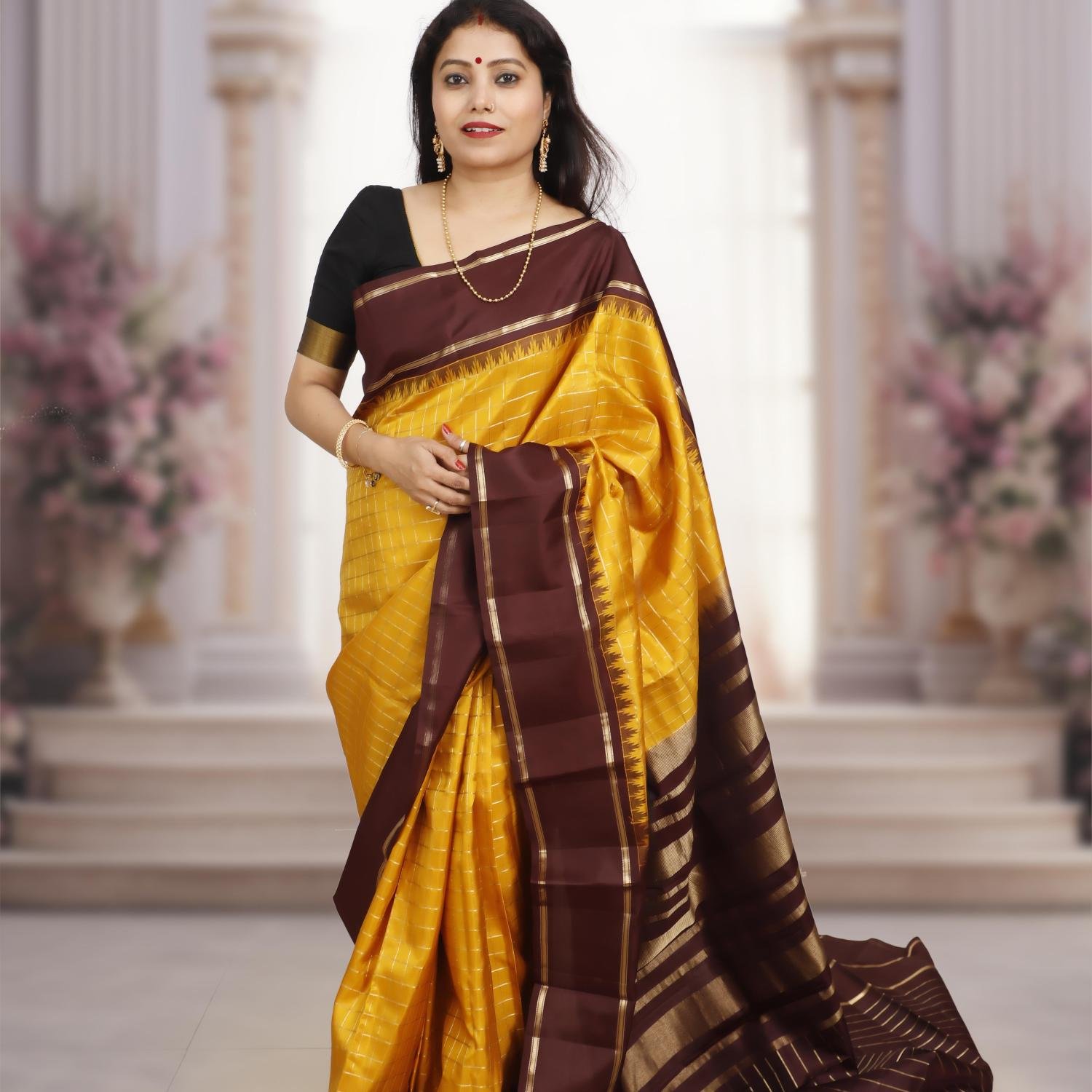 Handwoven Kanchipuram Silk Saree – Mustard Yellow with Dark Brown Border
