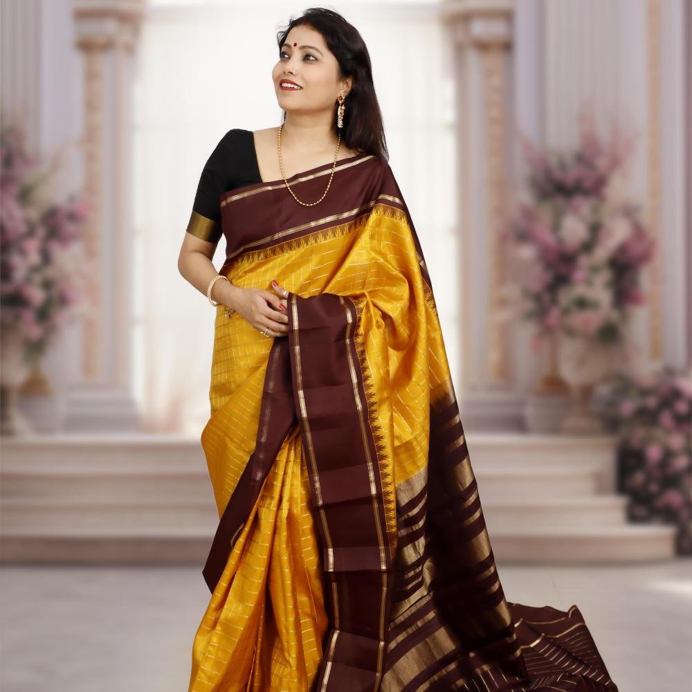 Handwoven Kanchipuram Silk Saree – Mustard Yellow with Dark Brown Border