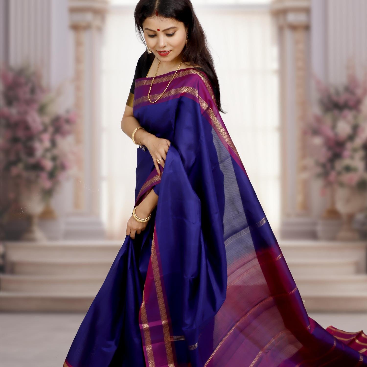 Handwoven Kanchipuram Silk Saree – Dark Blue with Purple Border