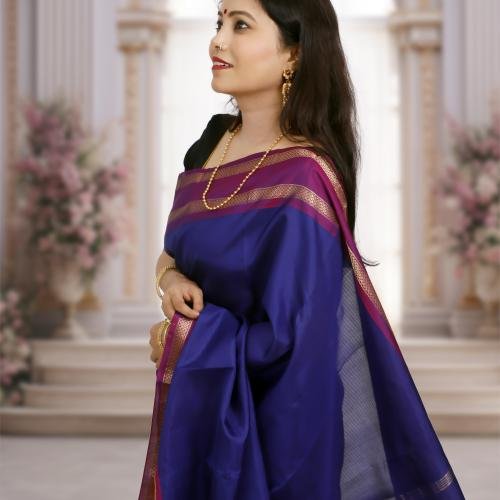 Handwoven Kanchipuram Silk Saree – Dark Blue with Purple Border
