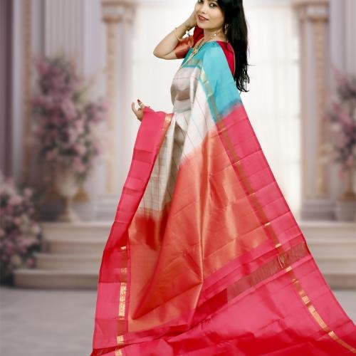 Handwoven Kanchipuram Silk Saree – White with Light Blue & Pink Checks