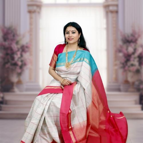 Handwoven Kanchipuram Silk Saree – White with Light Blue & Pink Checks