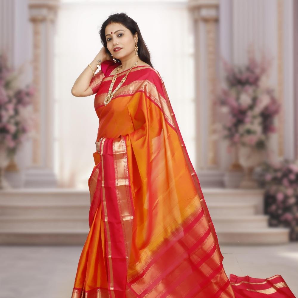 Handwoven Kanchipuram Silk Saree – Orange Base with Rani Pink & Golden Zari Border