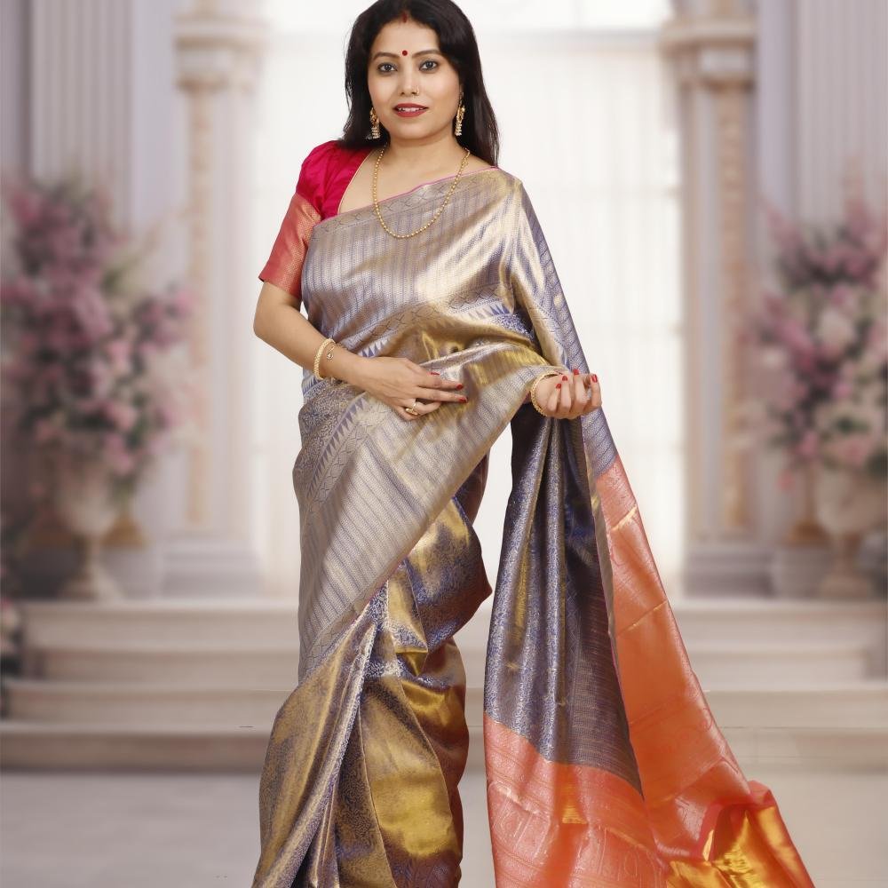 Brocade Pure Kanchipuram Silk Saree – Gold & Silver Dual Tone with Pink Pallu