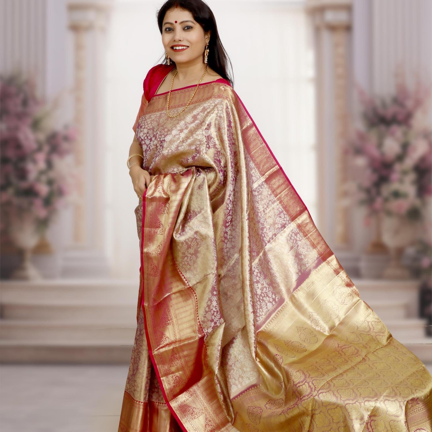 Brocade Pure Kanchipuram Mulberry Silk Saree – Dual Tone Gold & Pink Price: Rs 16995