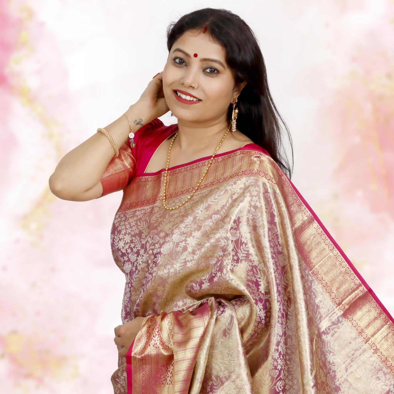 Brocade Pure Kanchipuram Mulberry Silk Saree – Dual Tone Gold & Pink