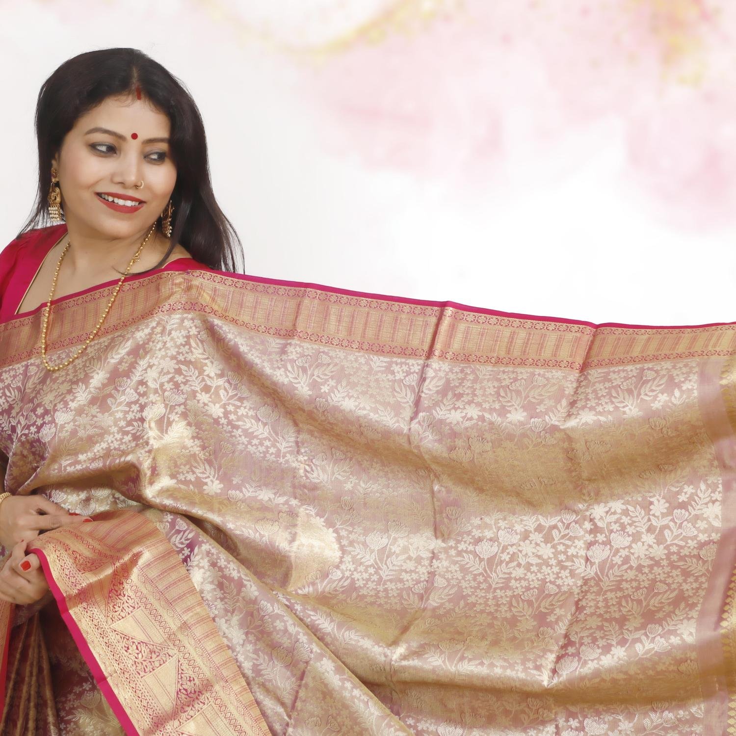 Brocade Pure Kanchipuram Mulberry Silk Saree – Dual Tone Gold & Pink Price: Rs 16995