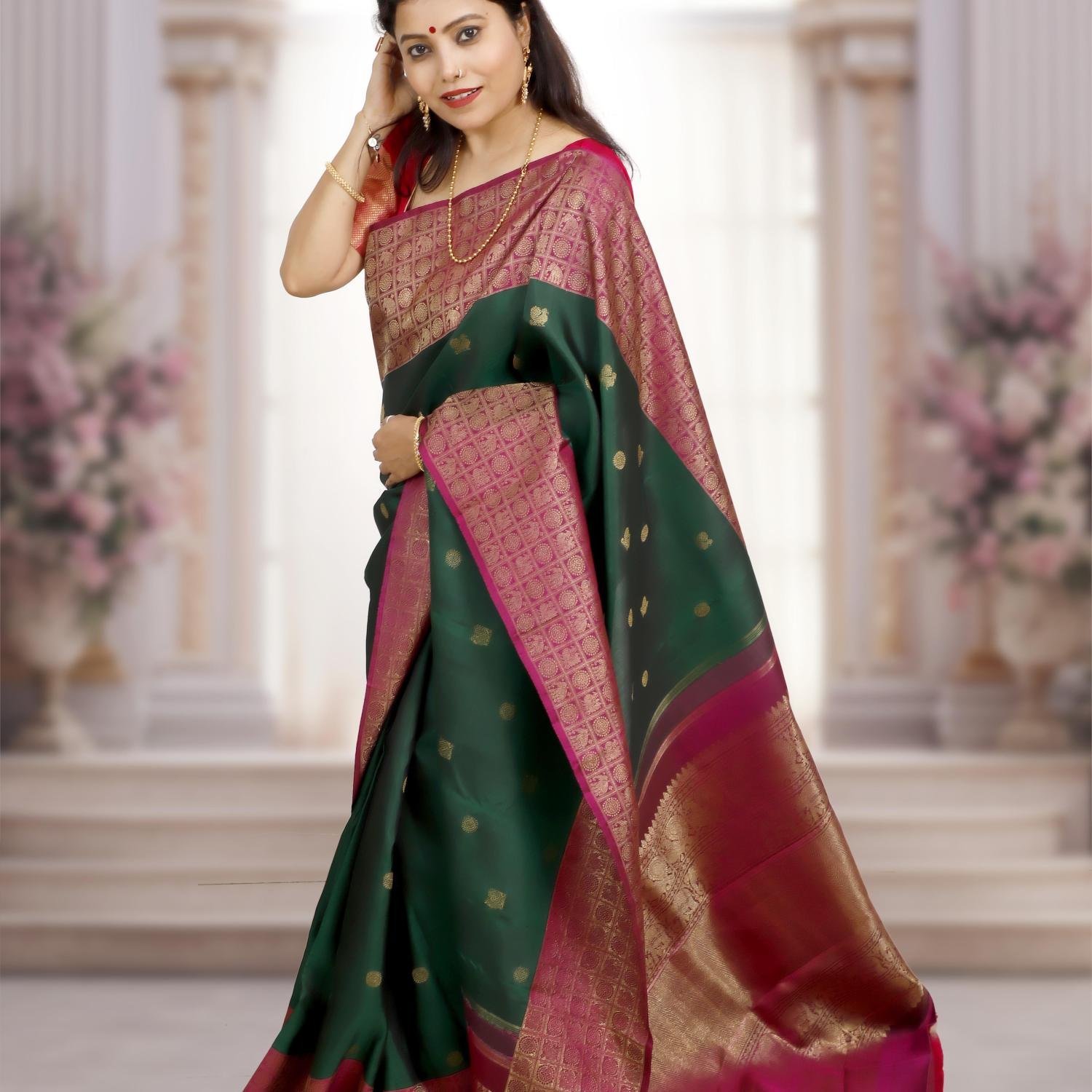 Pure Silk Green Kanchipuram Saree with Real Gold/Silver Zari – Rani Pink Border & Pallu