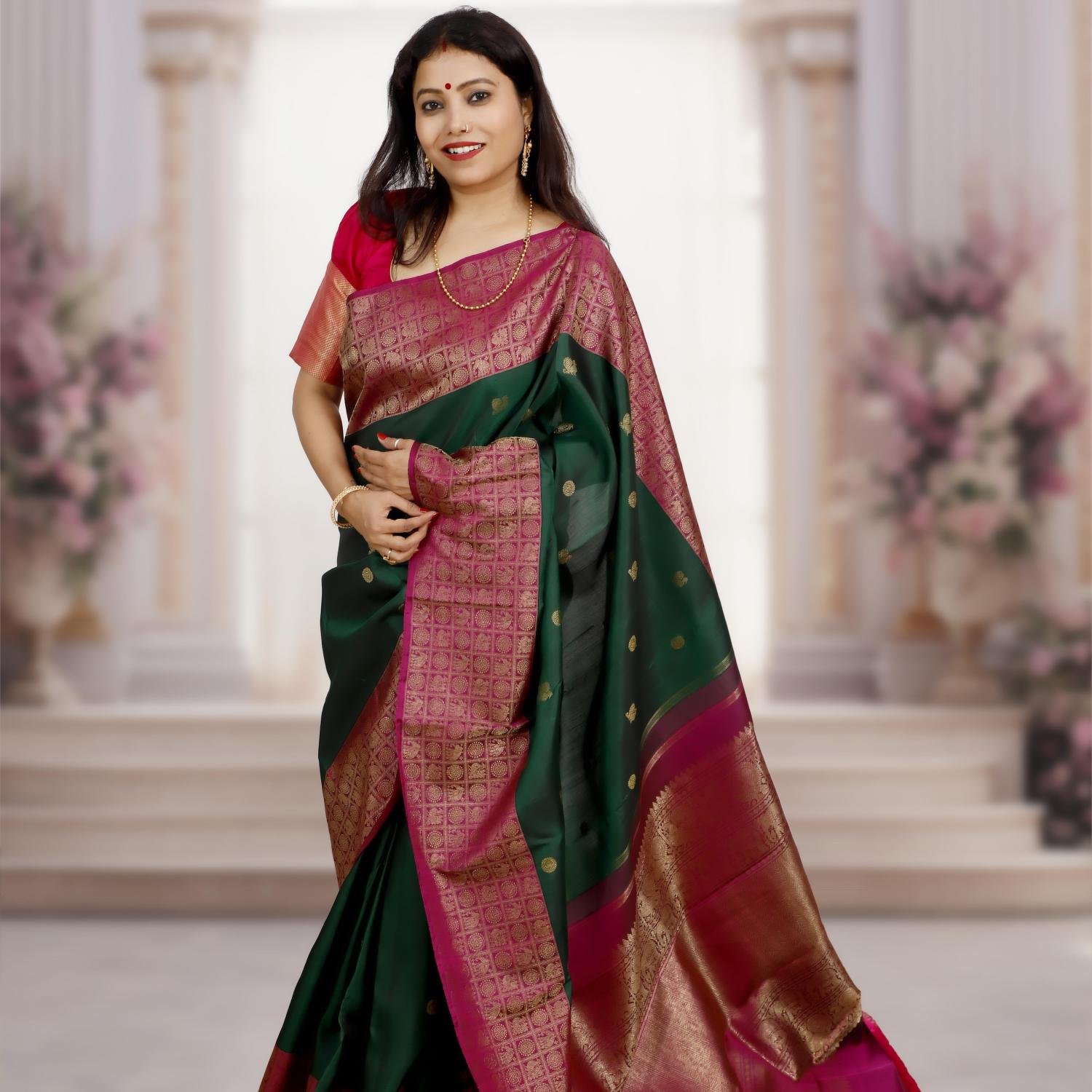 Pure Silk Green Kanchipuram Saree with Real Gold/Silver Zari – Rani Pink Border & Pallu