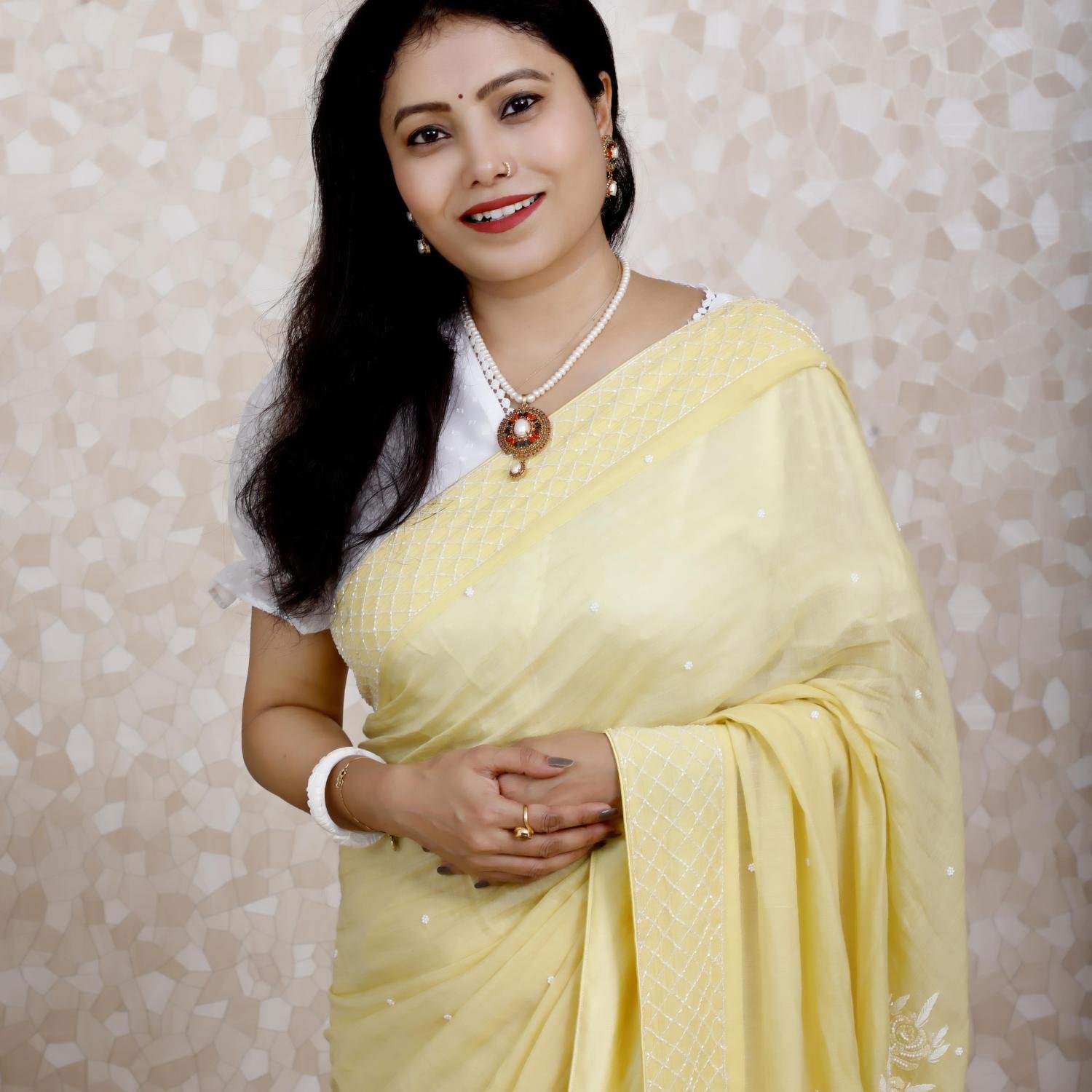 Pure Chanderi Silk Chikankari Saree – Yellow with White Thread Work & Embellishments