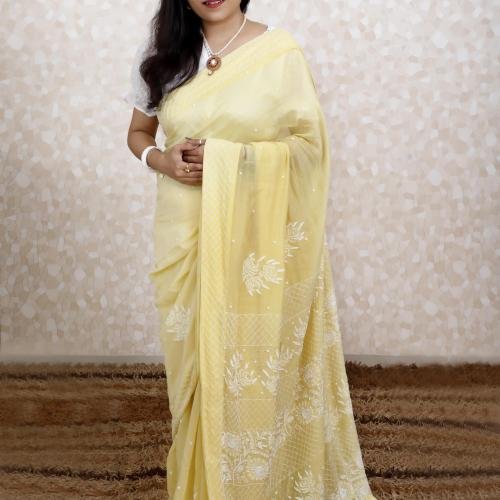 Pure Chanderi Silk Chikankari Saree – Yellow with White Thread Work & Embellishments