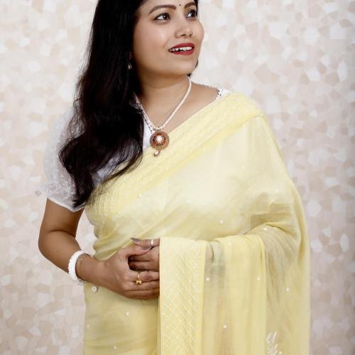 Pure Chanderi Silk Chikankari Saree – Yellow with White Thread Work & Embellishments
