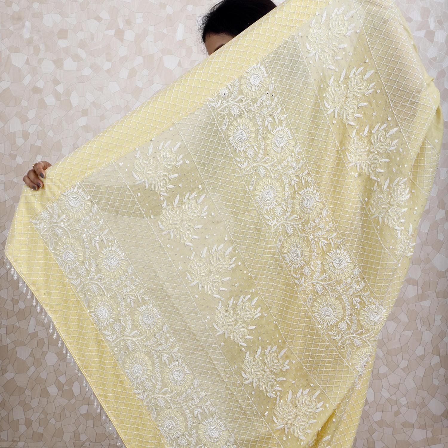 Pure Chanderi Silk Chikankari Saree – Yellow with White Thread Work & Embellishments