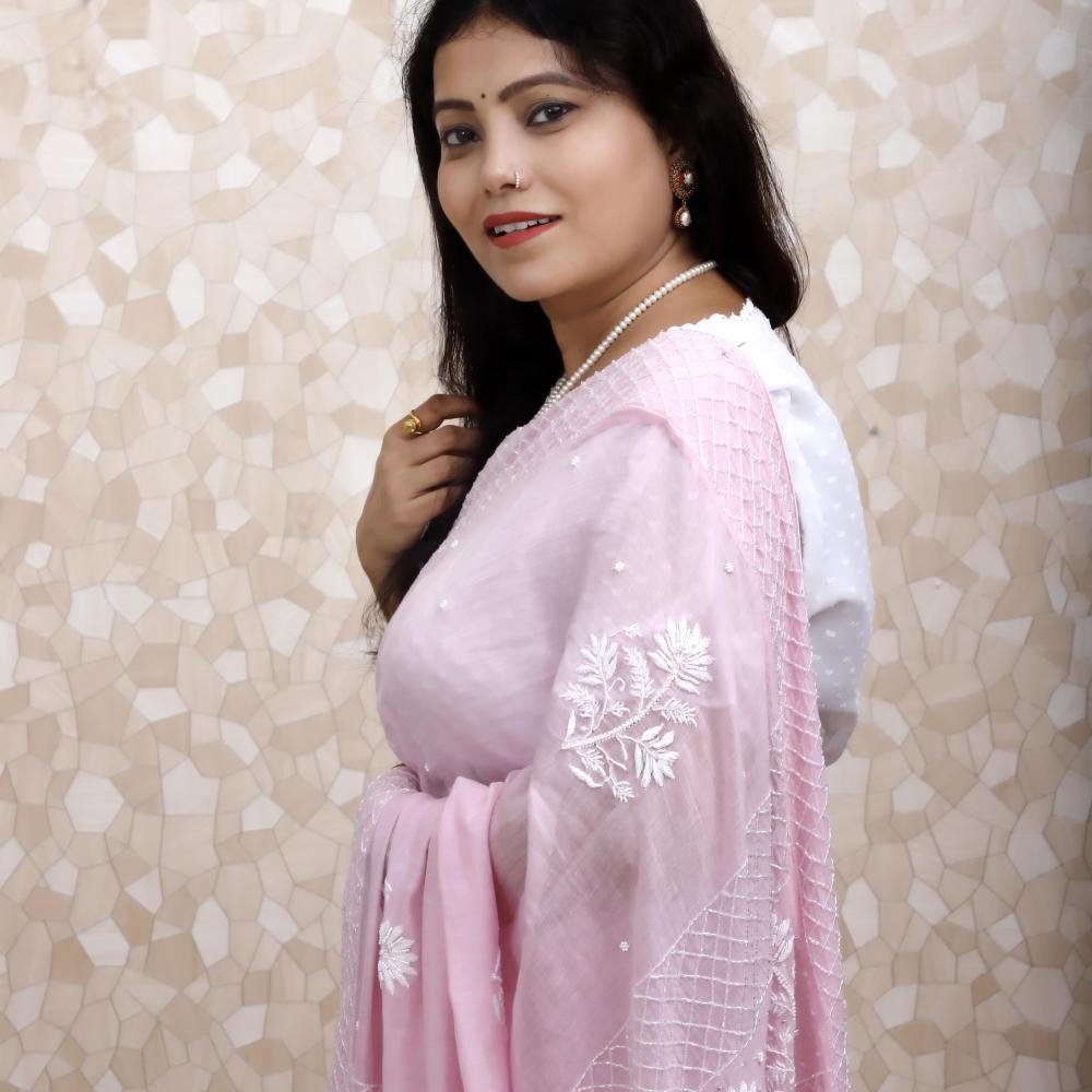 Pure Chanderi Silk Chikankari Saree – Pink with White Thread Work & Embellishments