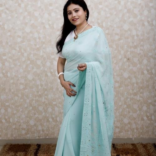 Viscose Georgette Saree with Chikankari & Mukaish Work – Soft Teal with Thread Embroidery