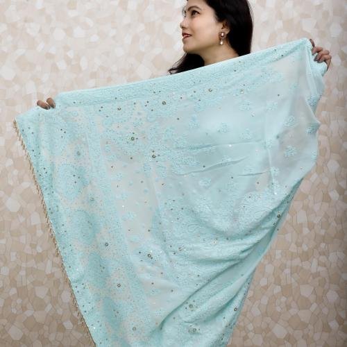 Viscose Georgette Saree with Chikankari & Mukaish Work – Soft Teal with Thread Embroidery