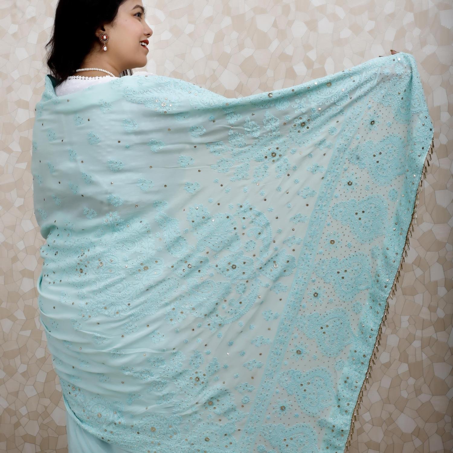 Viscose Georgette Saree with Chikankari & Mukaish Work – Soft Teal with Thread Embroidery