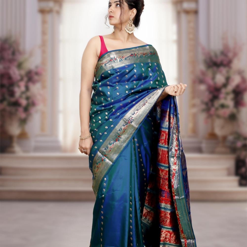 Swarnachari Silk Saree with 1000 Buti – Dual Tone Blue & Green