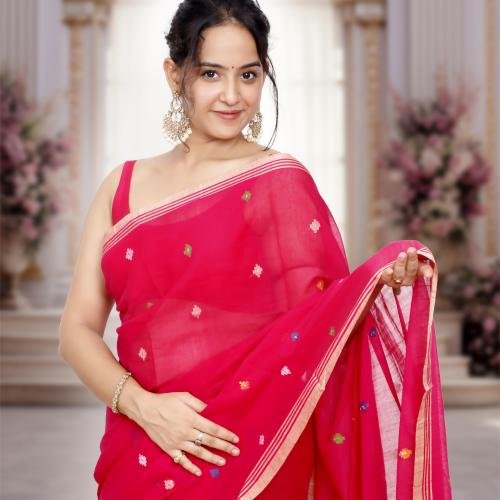 Handwoven Bengal Cotton Phulia Jamdani Saree – Rani Pink