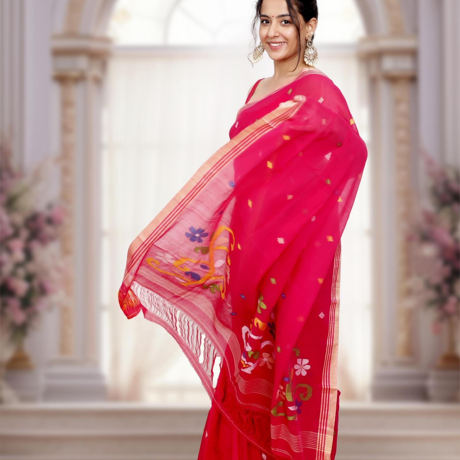 Handwoven Bengal Cotton Phulia Jamdani Saree – Rani Pink