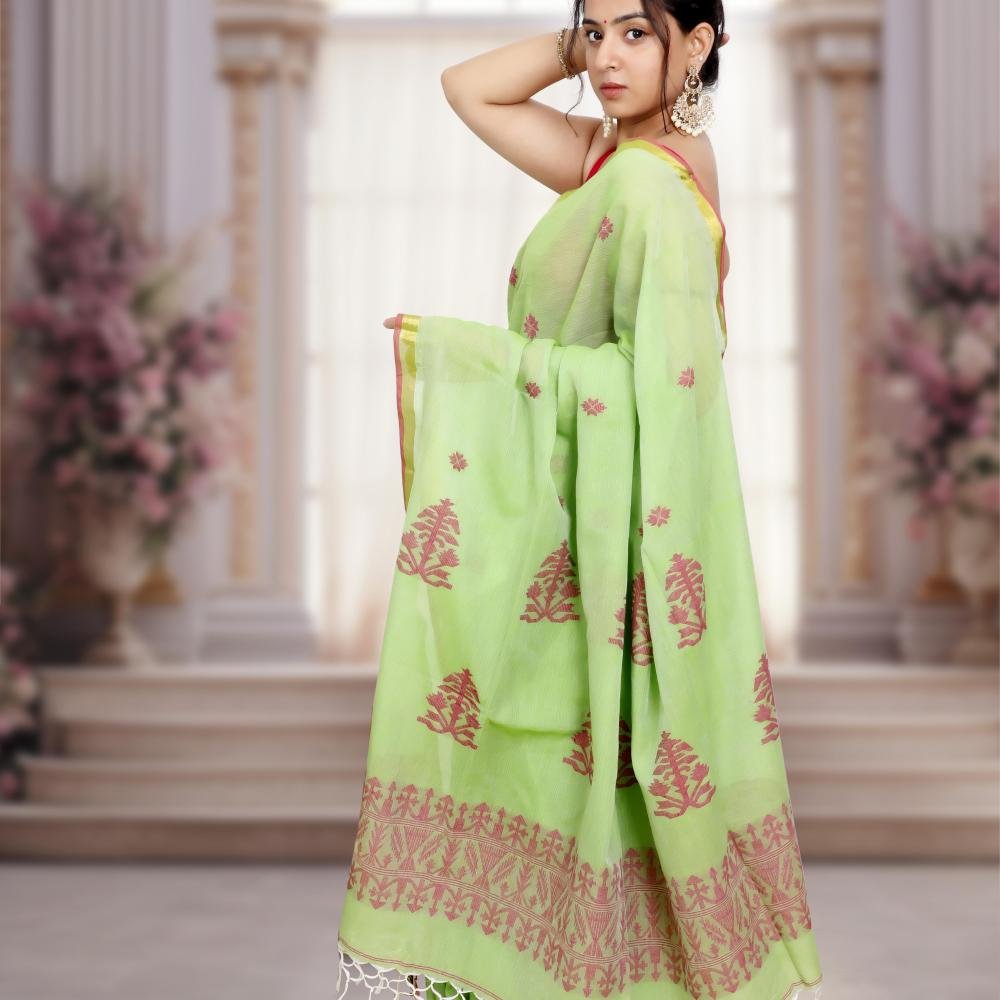 Handwoven Pure Bengal Cotton Saree with Jacquard Pallu – Pista Green