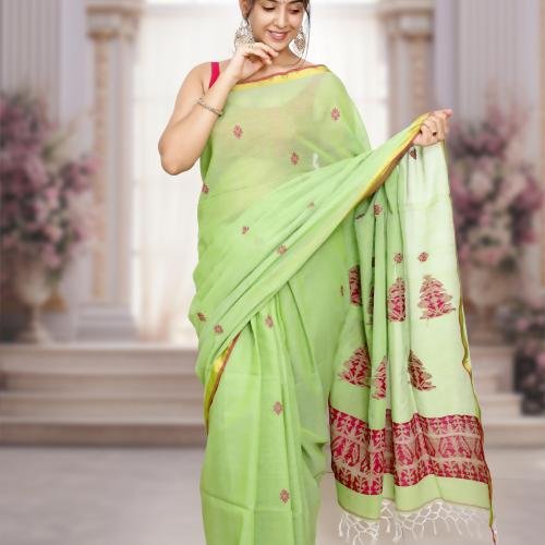 Handwoven Pure Bengal Cotton Saree with Jacquard Pallu – Pista Green