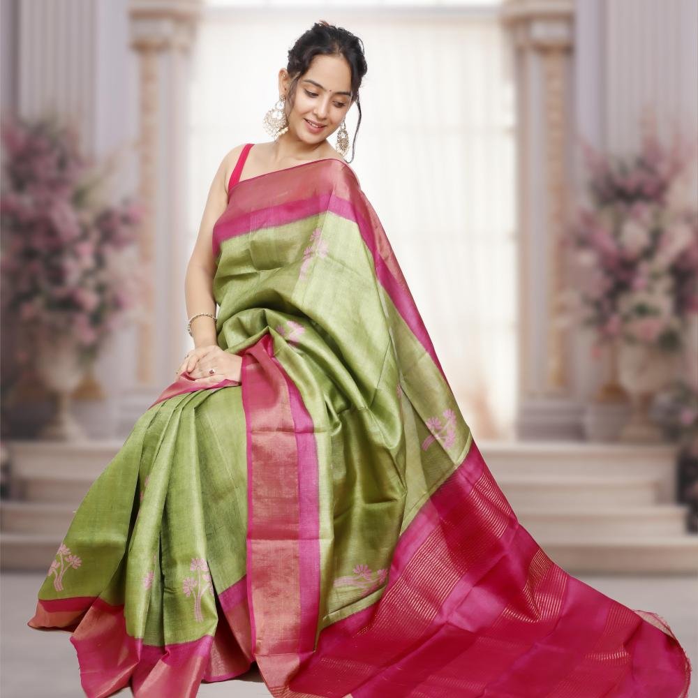 Bishnupuri Gachi Tusser Silk Saree with Hand-Painted Design – Green & Pink