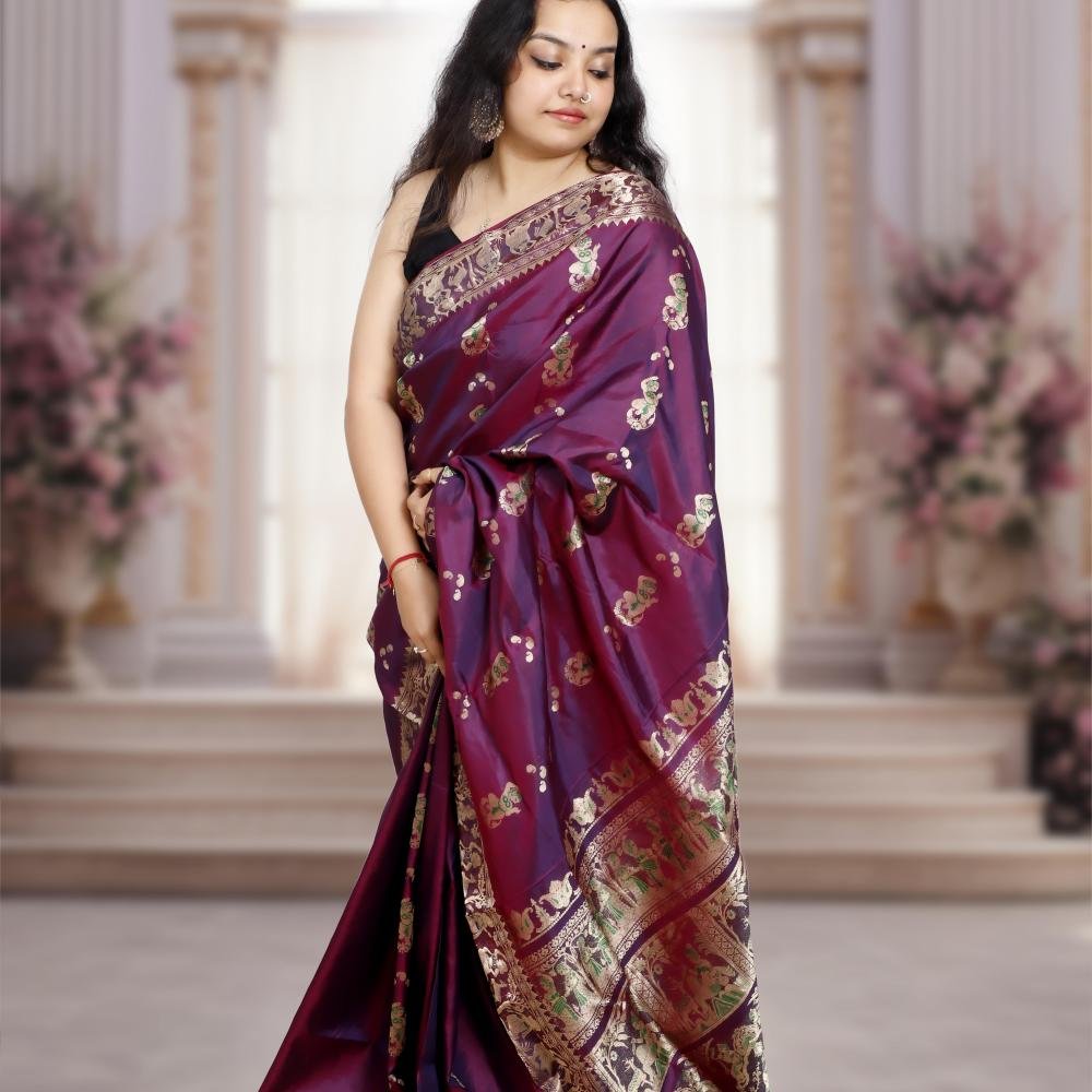 Swarnachari Silk Saree – Purple with Gold Zari Work