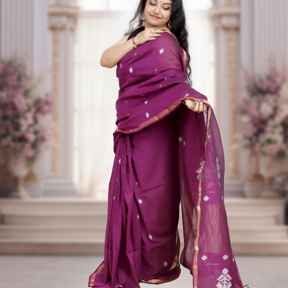 Handwoven Pure Mercerized Cotton Saree with Jacquard Pallu – Jamun